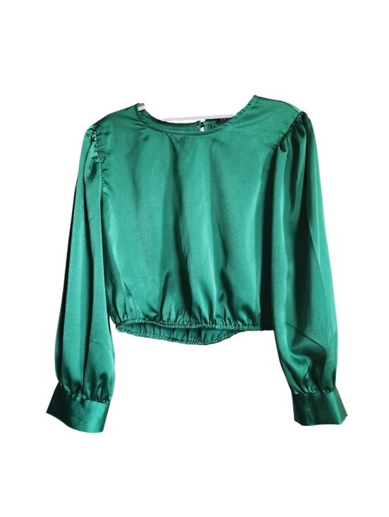 Tops - Emerald Green Satin Long-Sleeve Crop Top